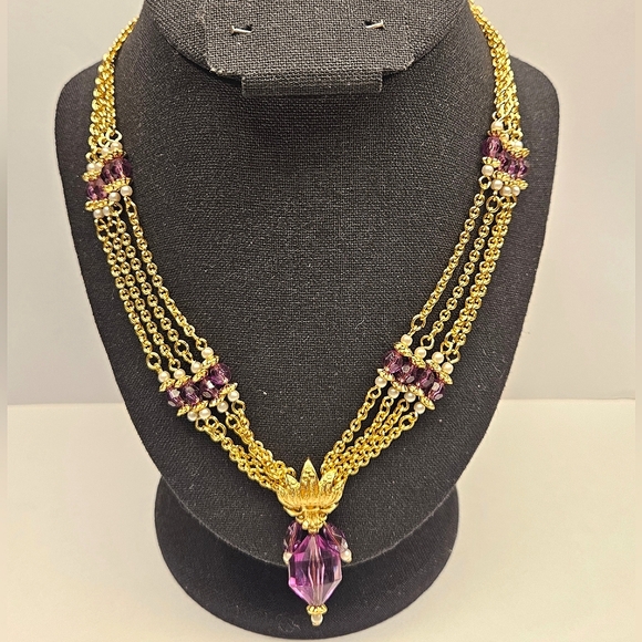 Avon Purple and White Faux Pearl Multistrand Necklace - Picture 3 of 7